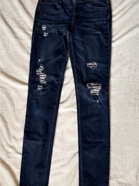 WHBM Dark Blue Distressed Women’s Skinny Jeans Comfort Stretch Mid Waist SZ 4